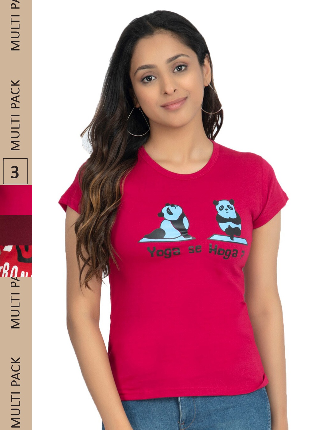

IndiWeaves Pack Of 3 Printed Pure Cotton T-shirt, Pink