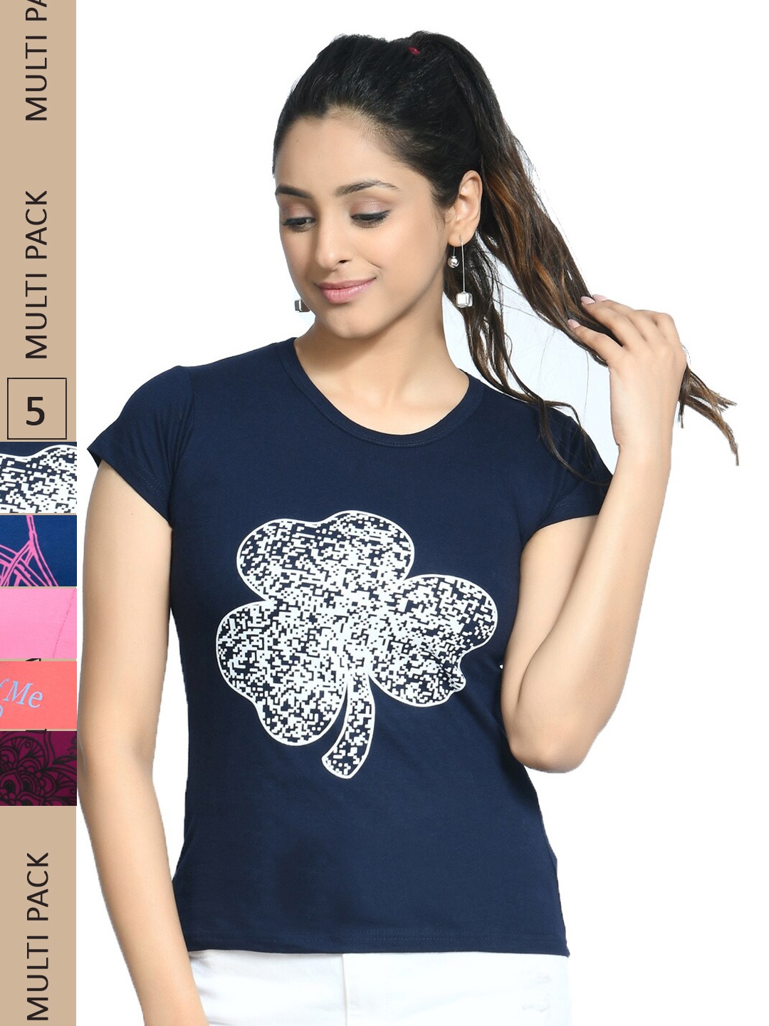

IndiWeaves Pack of 5 Printed Pure Cotton T-shirts, Navy blue