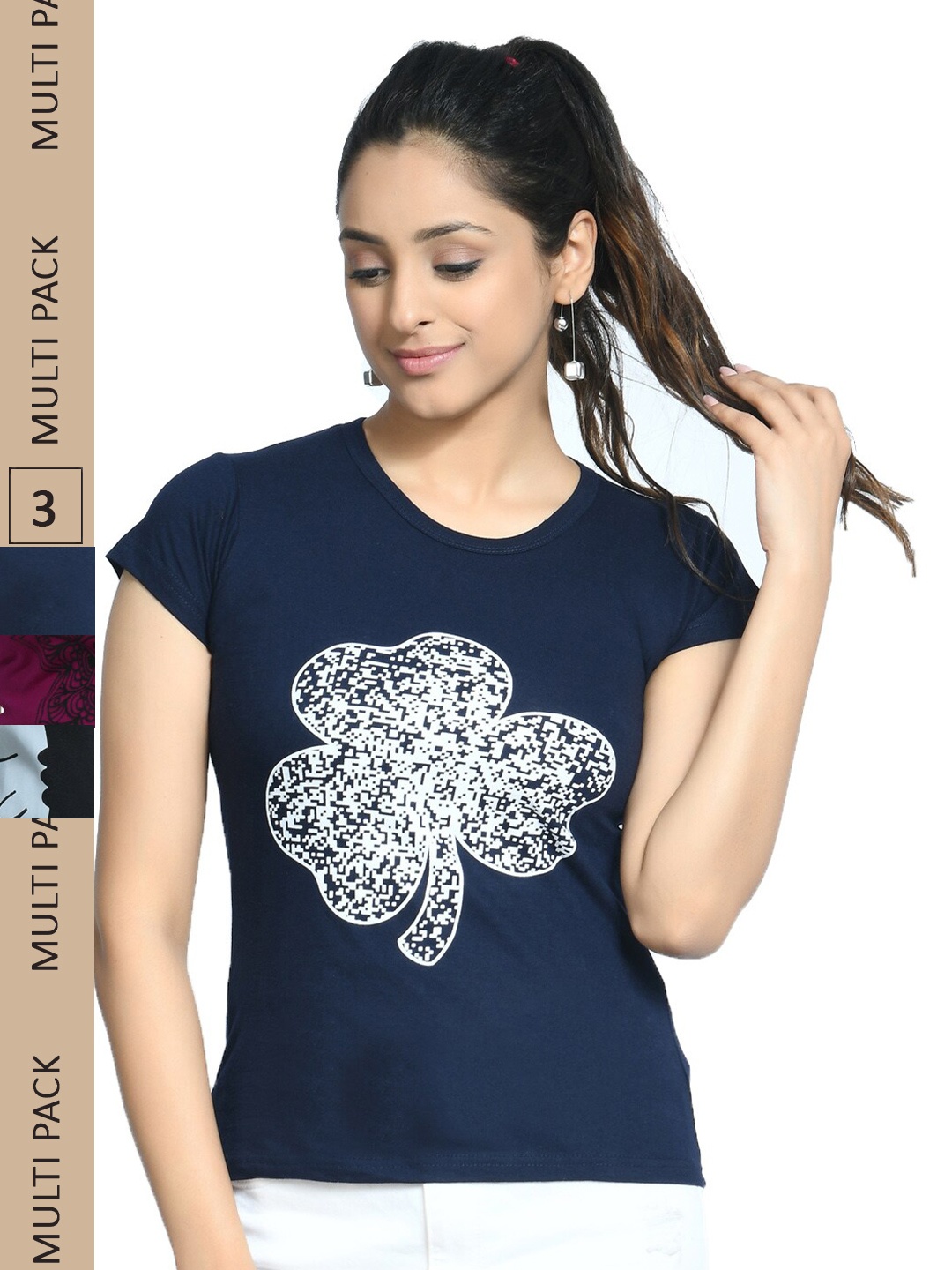 

IndiWeaves Pack Of 3 Floral Printed Pure Cotton T-shirt, Navy blue
