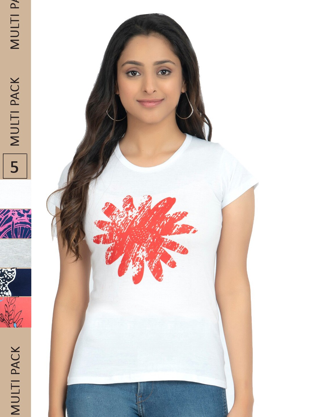 

IndiWeaves Pack Of 5 Printed Pure Cotton T-shirt, White