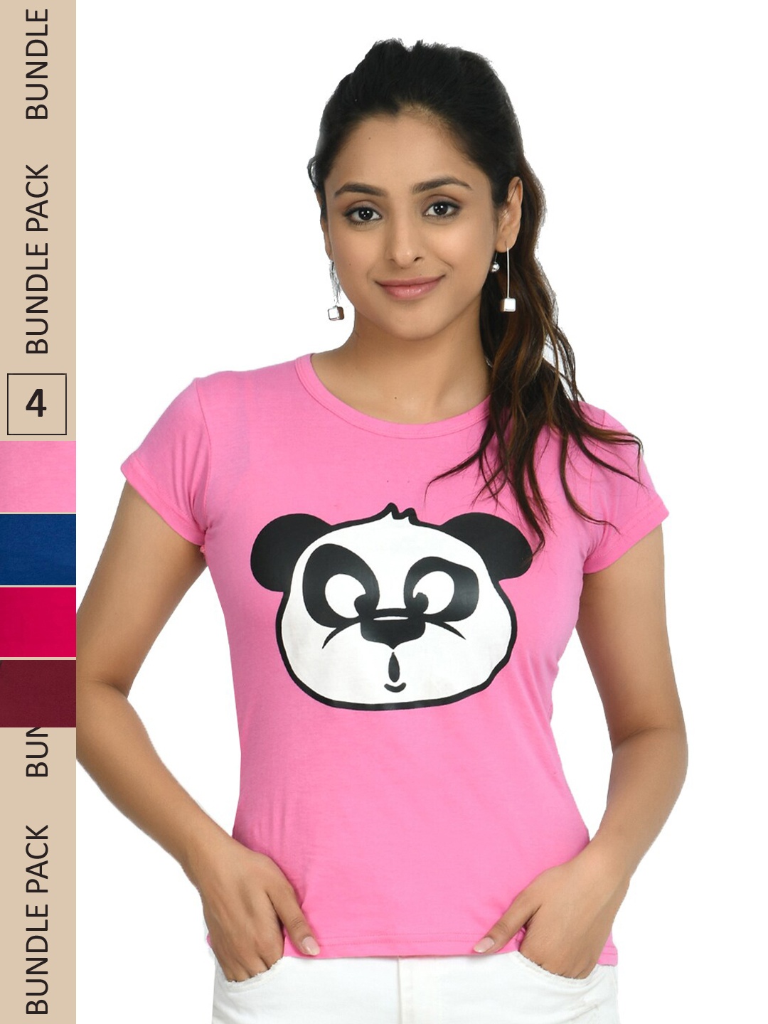 

IndiWeaves Pack Of 4 Printed Pure Cotton T-shirt, Pink