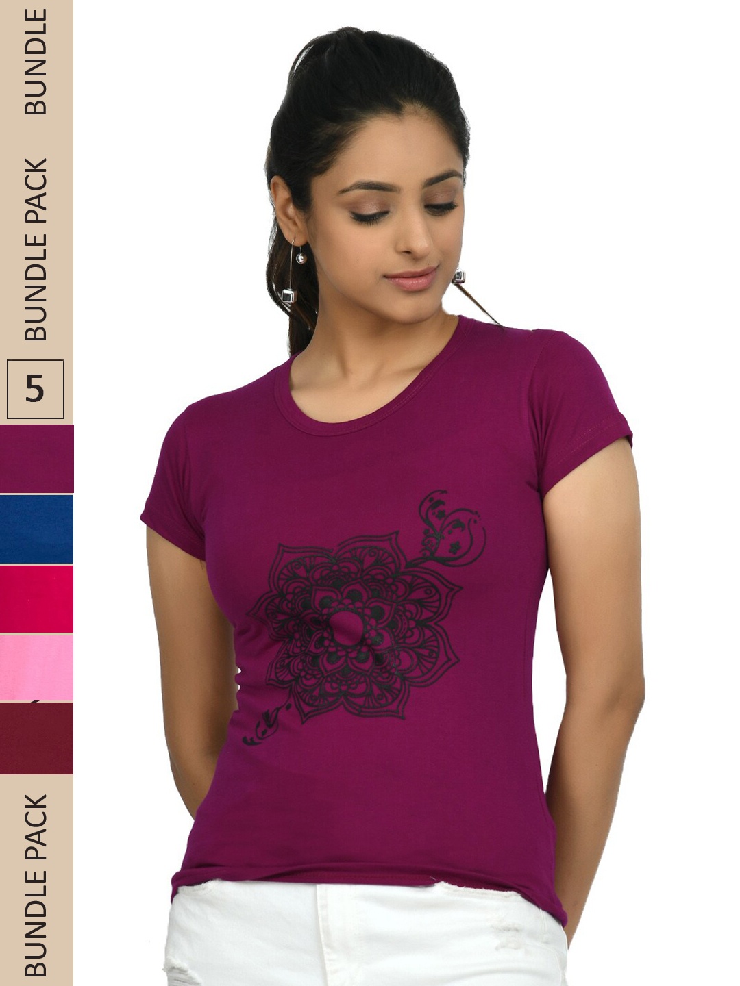 

IndiWeaves Pack of 5 Printed Pure Cotton T-shirts, Magenta