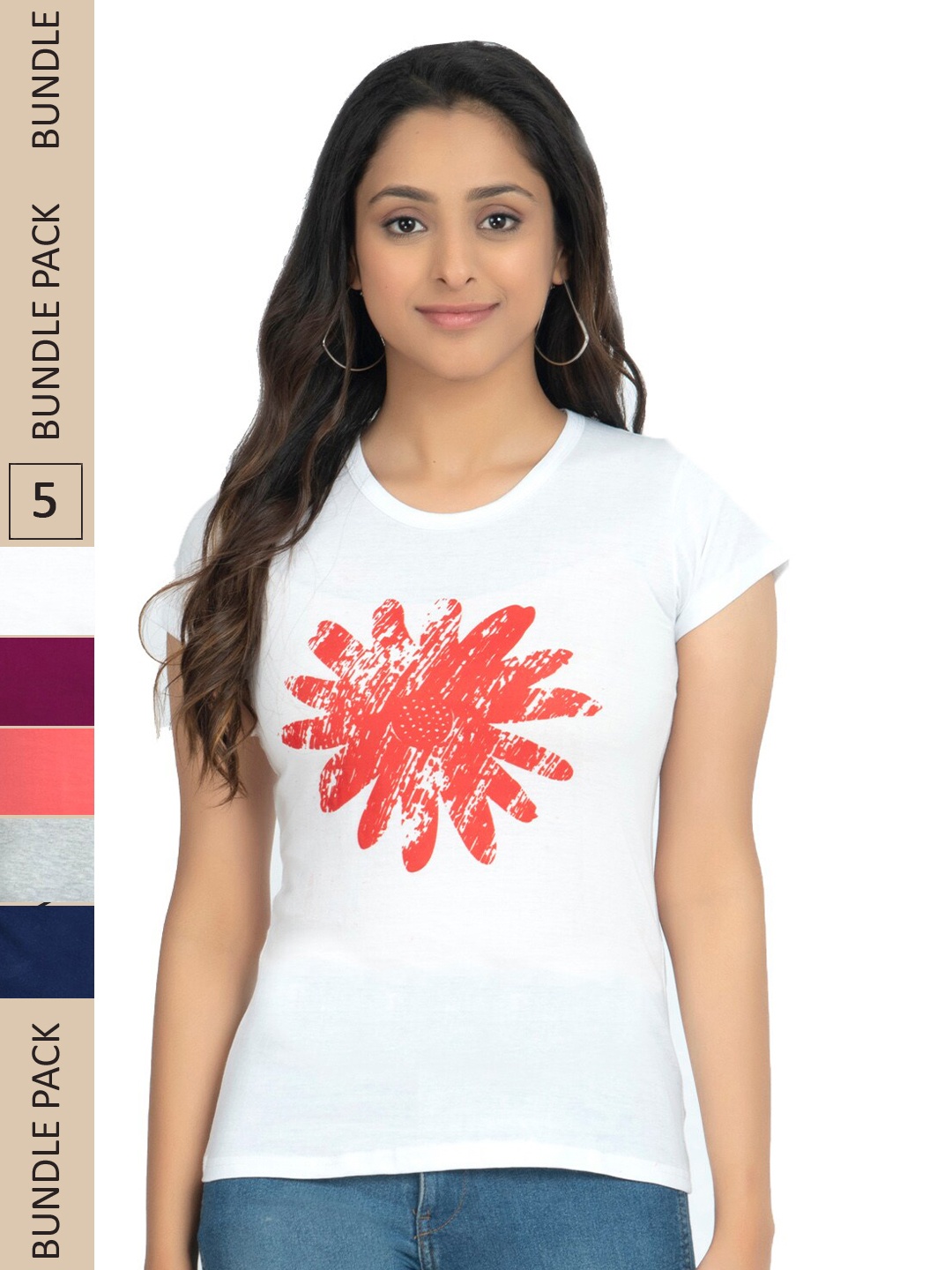 

IndiWeaves Pack of 5 Printed Pure Cotton T-shirts, White