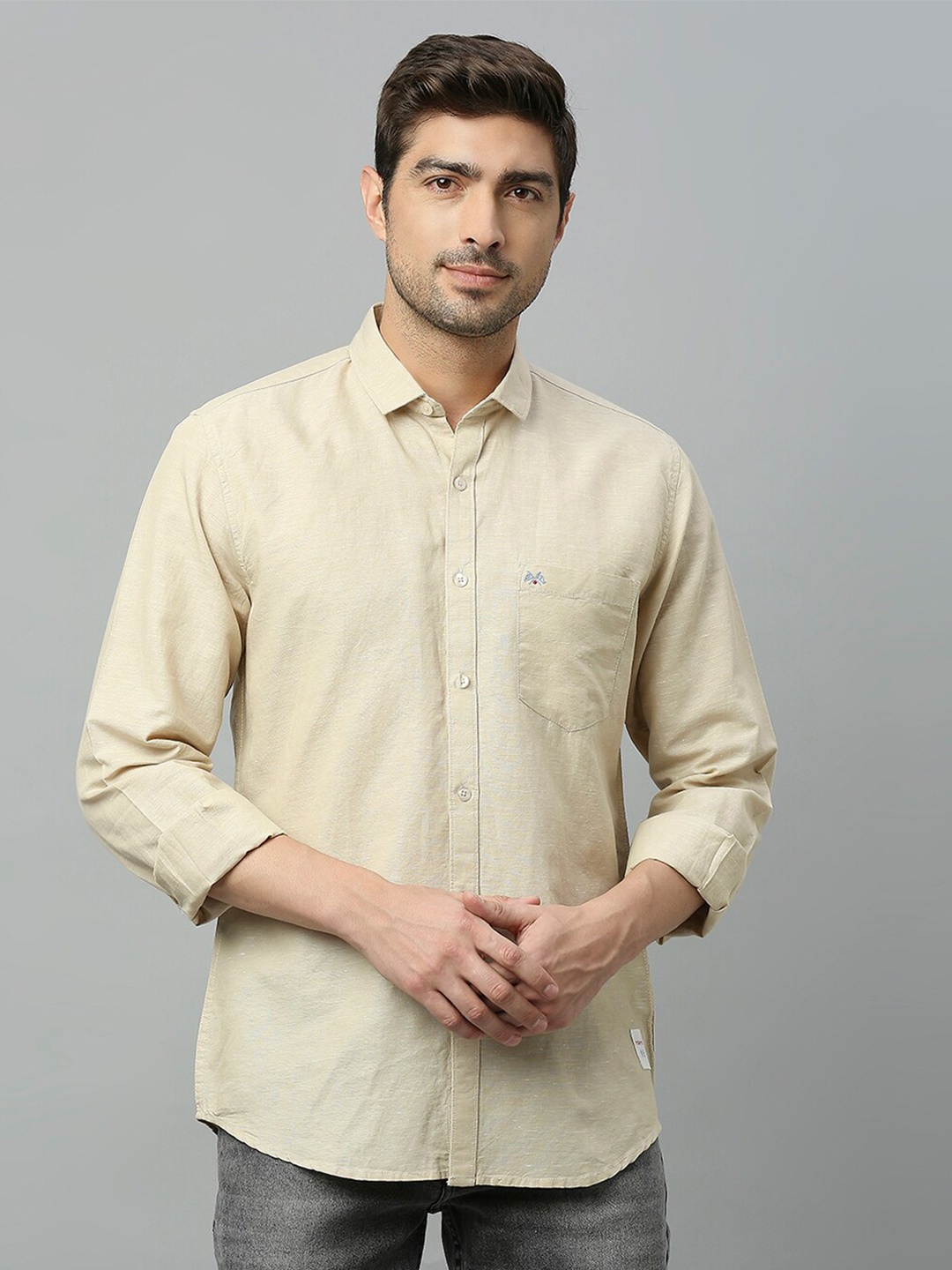 

Thomas Scott Self Design Classic Slim Fit Opaque Casual Shirt, Beige