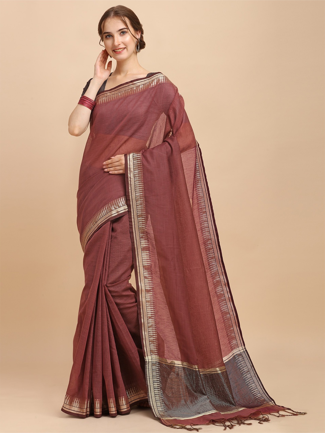 

VISHNU WEAVES Zari Linen Blend Saree, Mauve