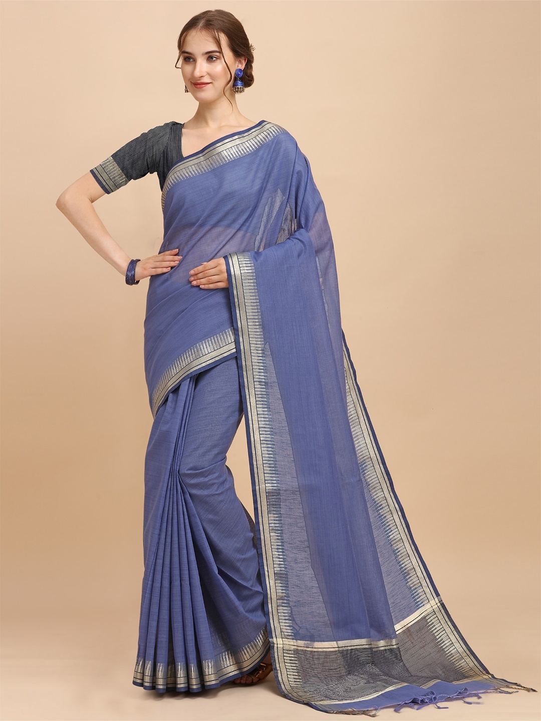 

VISHNU WEAVES Zari Linen Blend Saree, Blue