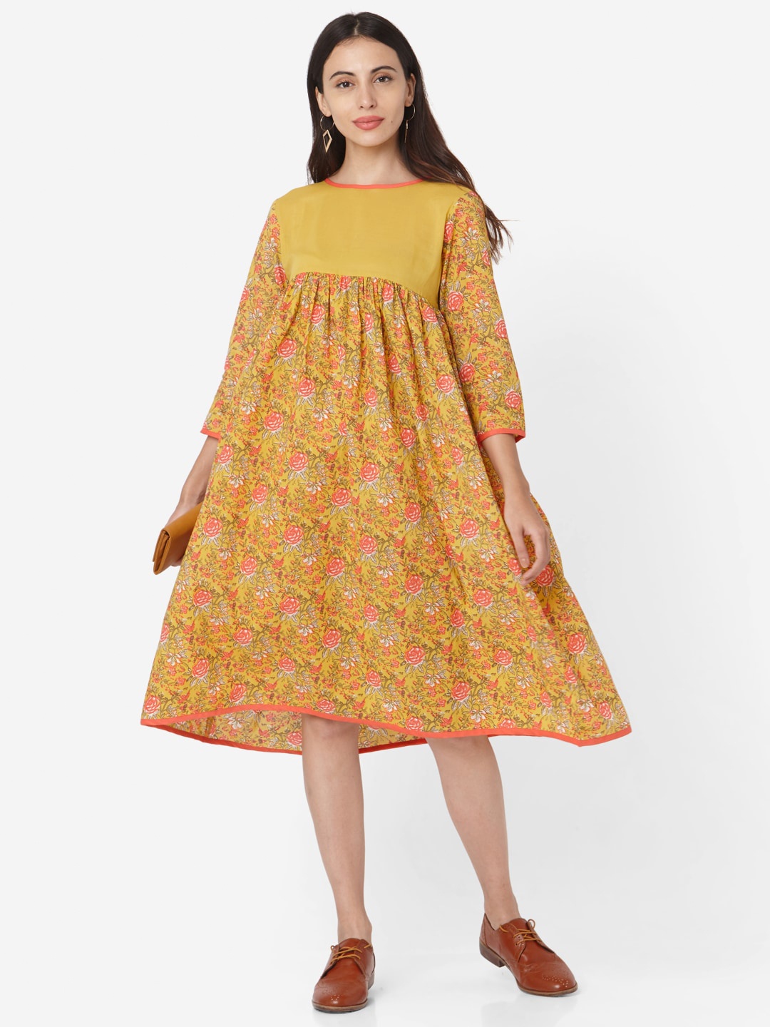 

Saanjh Yellow Floral Printed Cotton Empire Dress