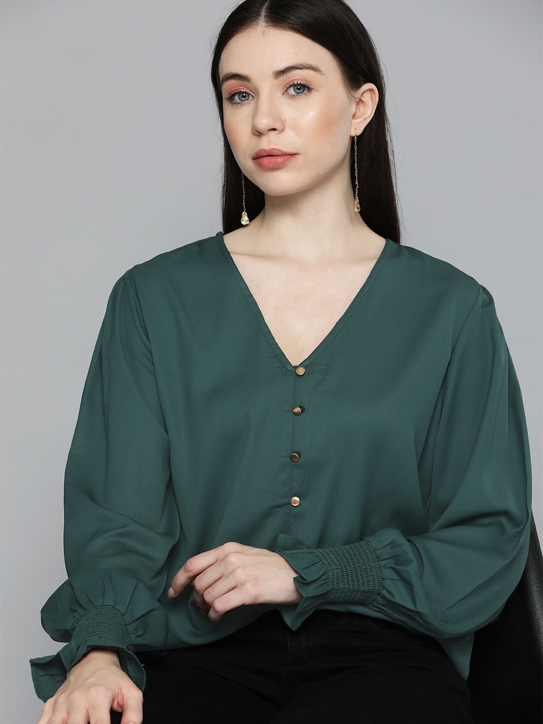 

Chemistry Puff Sleeves Crepe Shirt Style Top, Teal