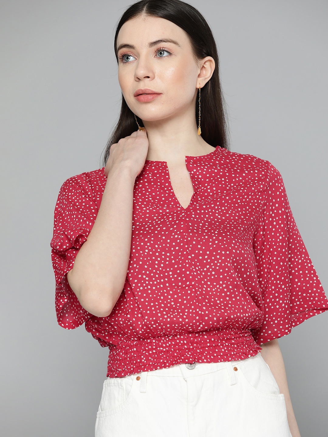 

Chemistry Polka Dot Print Flared Sleeves Blouson Crop Top With Smocked Detail, Red