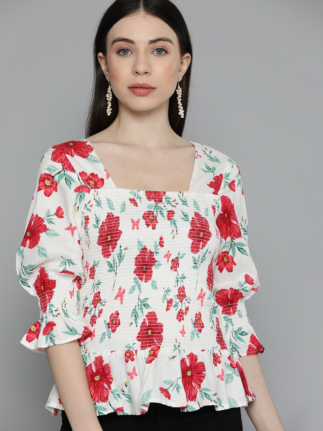 

Chemistry Floral Print Puff Sleeves Peplum Top, White