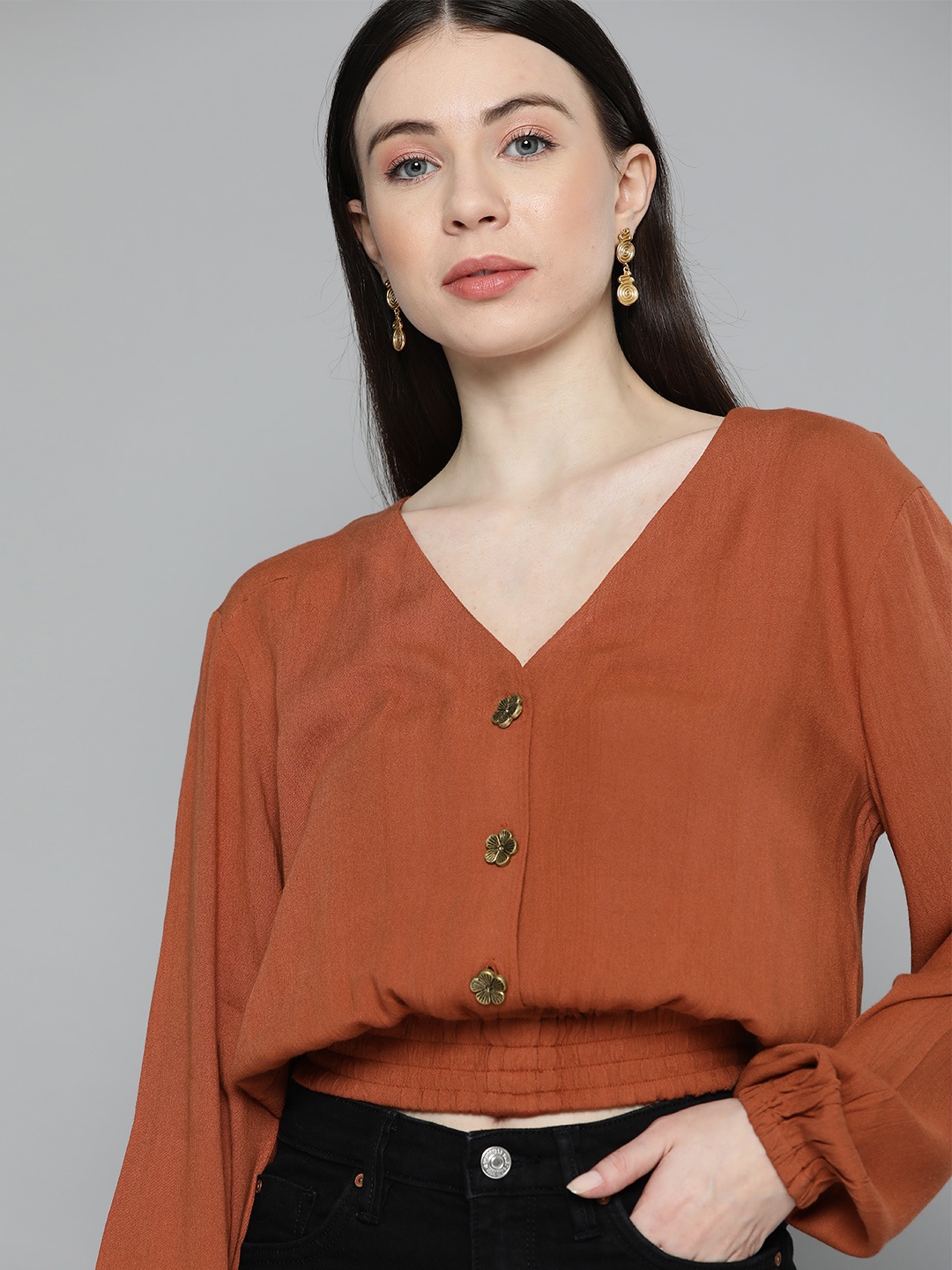 

Chemistry Bishop Sleeves Shirt Style Crop Top, Rust