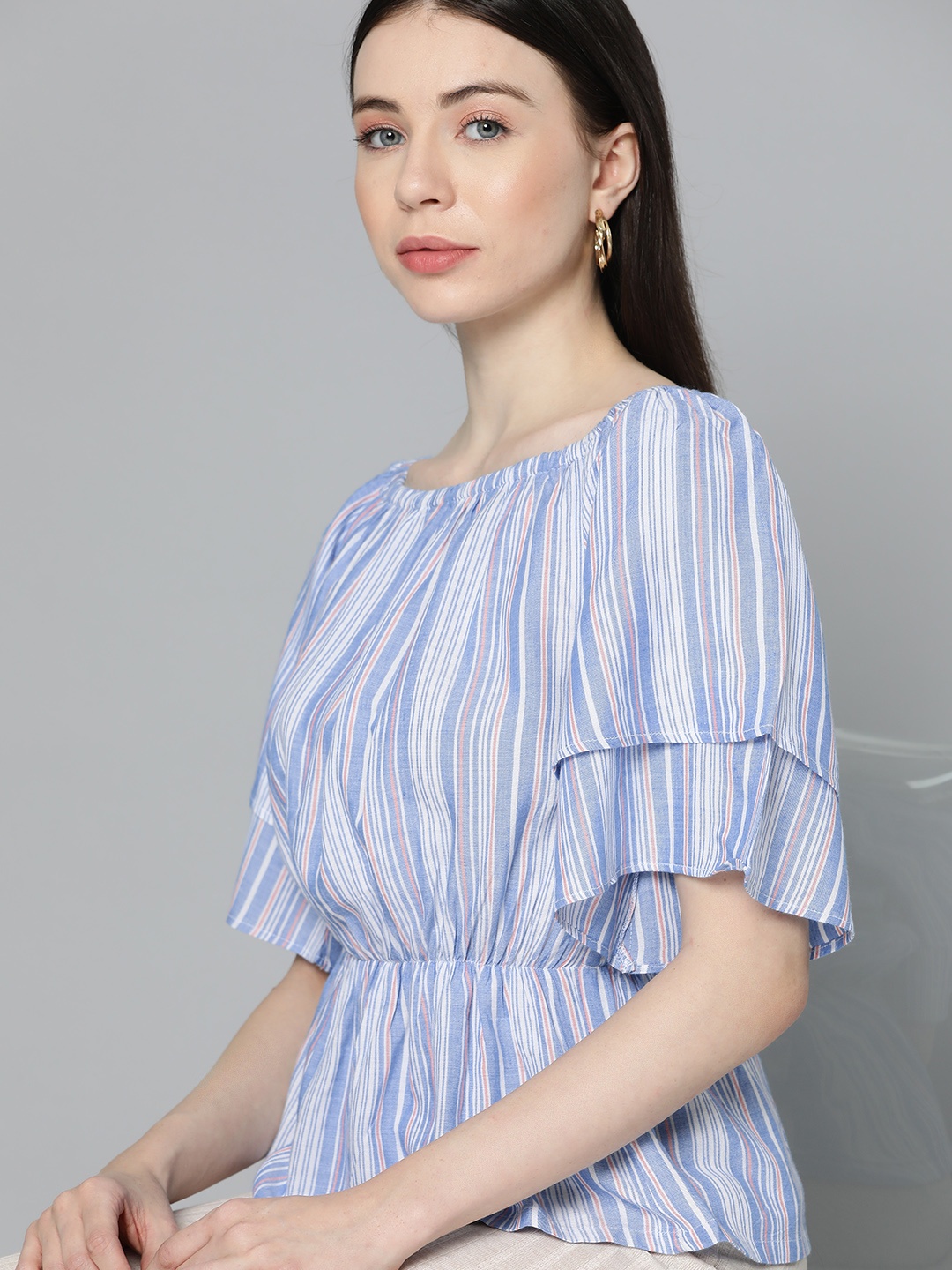 

Chemistry Striped Off-Shoulder Flared Sleeves Pure Cotton Top, Blue