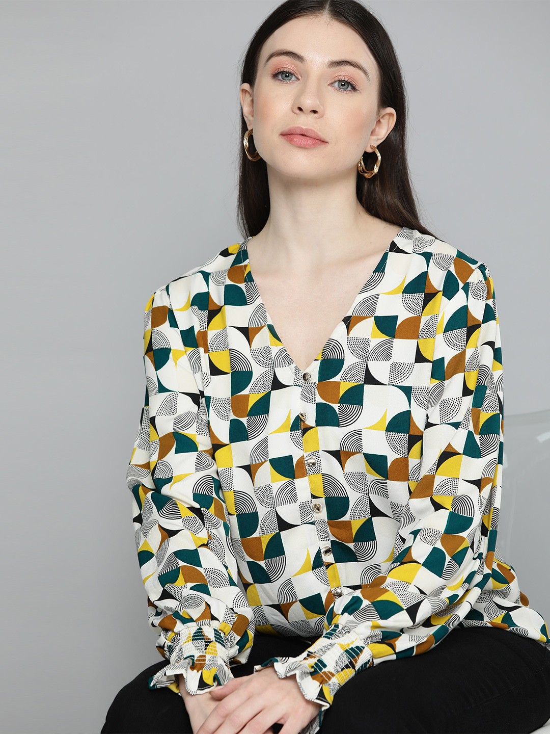 

Chemistry Geometric Print Bishop Sleeves Crepe Shirt Style Top, White