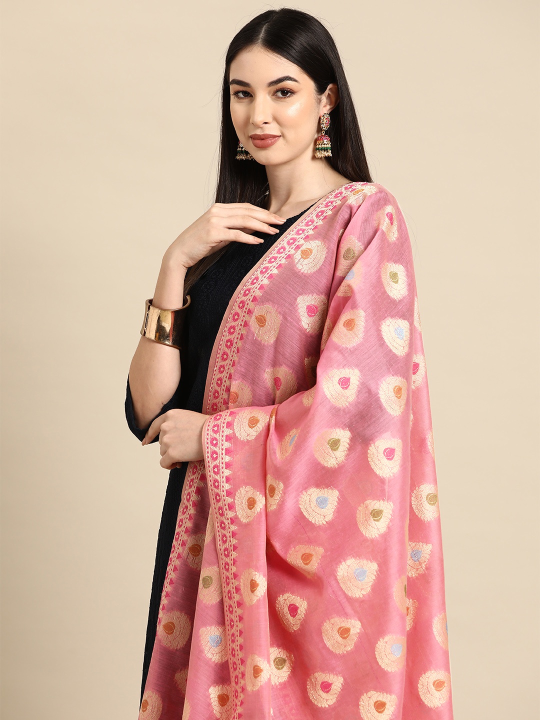 

Banarasi Style Ethnic Motifs Woven Design Cotton Silk Dupatta with Zari, Pink