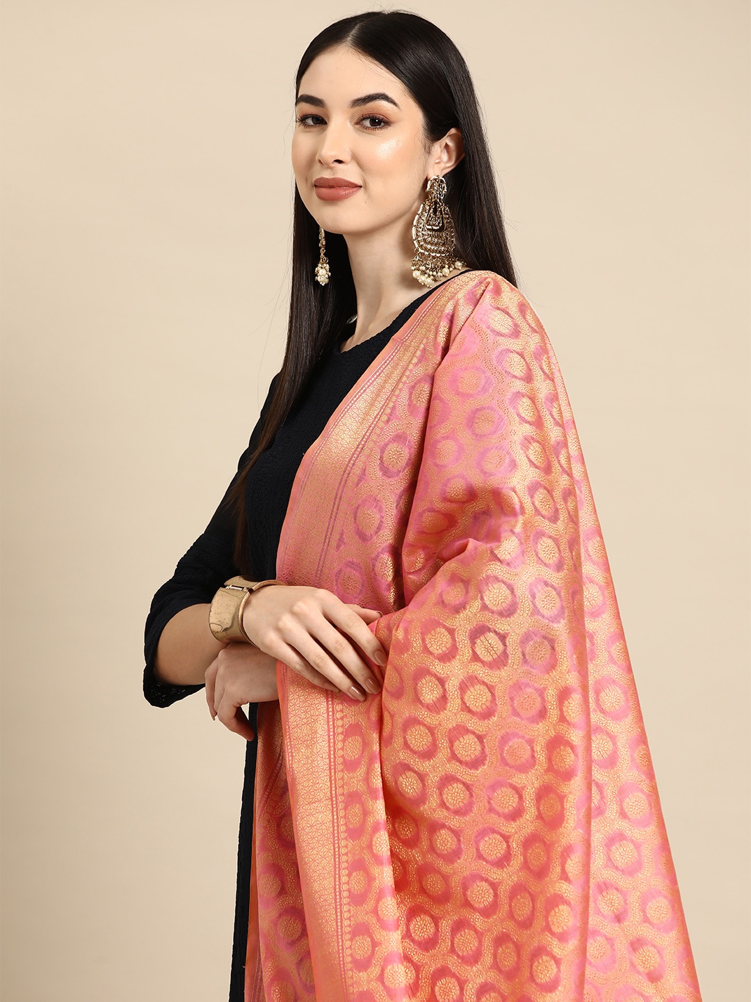 

Banarasi Style Ethnic Motifs Woven Design Cotton Silk Dupatta with Zari, Pink