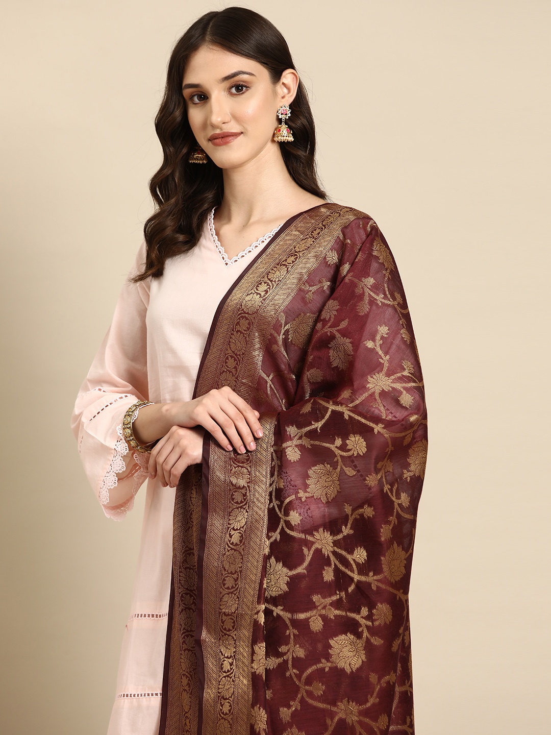 

Banarasi Style Woven Design Cotton Silk Dupatta with Zari, Maroon
