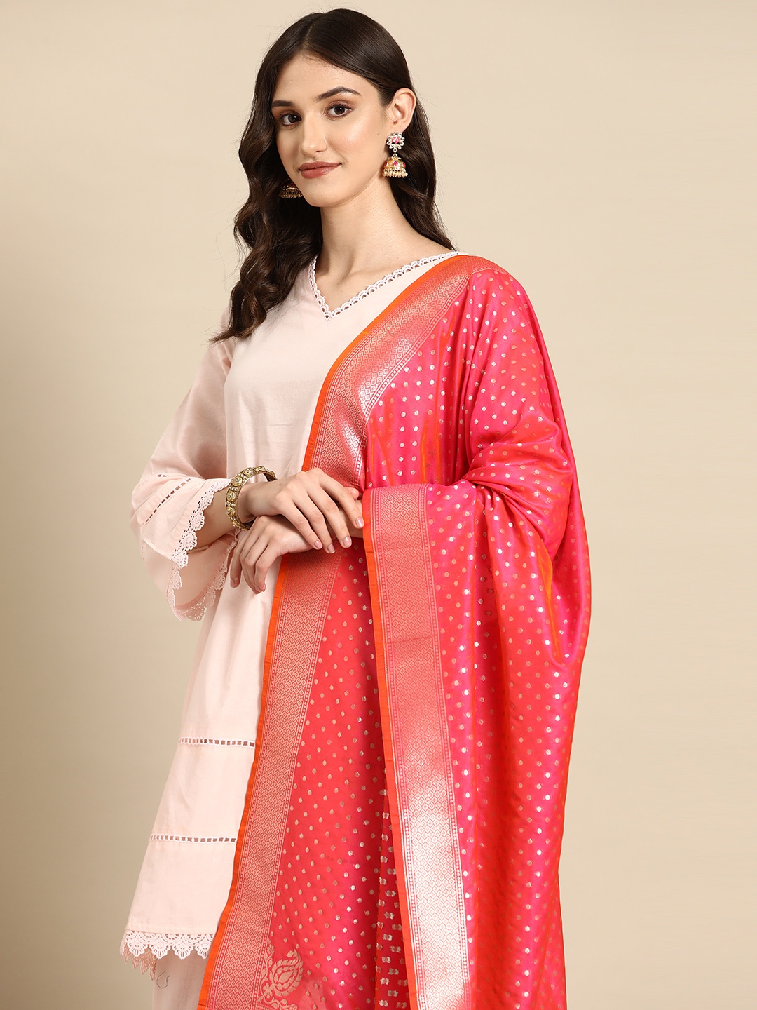 

Banarasi Style Woven Design Art Silk Dupatta with Zari, Pink