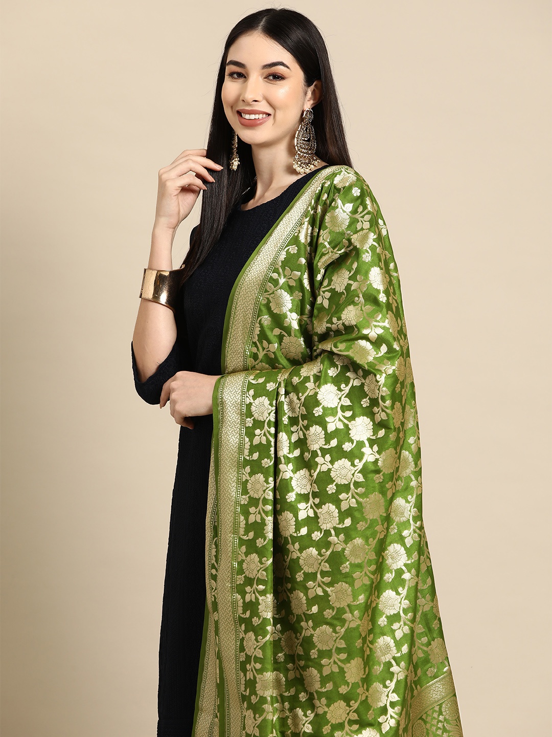 

Banarasi Style Woven Design Art Silk Dupatta with Zari, Green