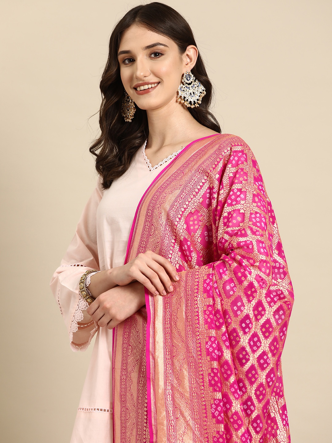 

Banarasi Style Ethnic Motifs Woven Design Pure Silk Dupatta with Zari, Pink