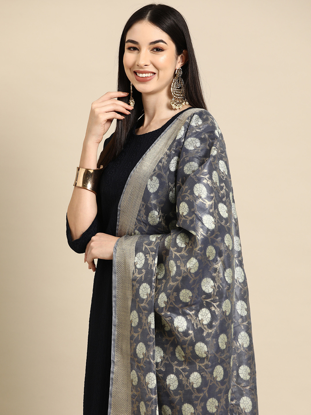 

Banarasi Style Woven Design Cotton Silk Dupatta with Zari, Grey
