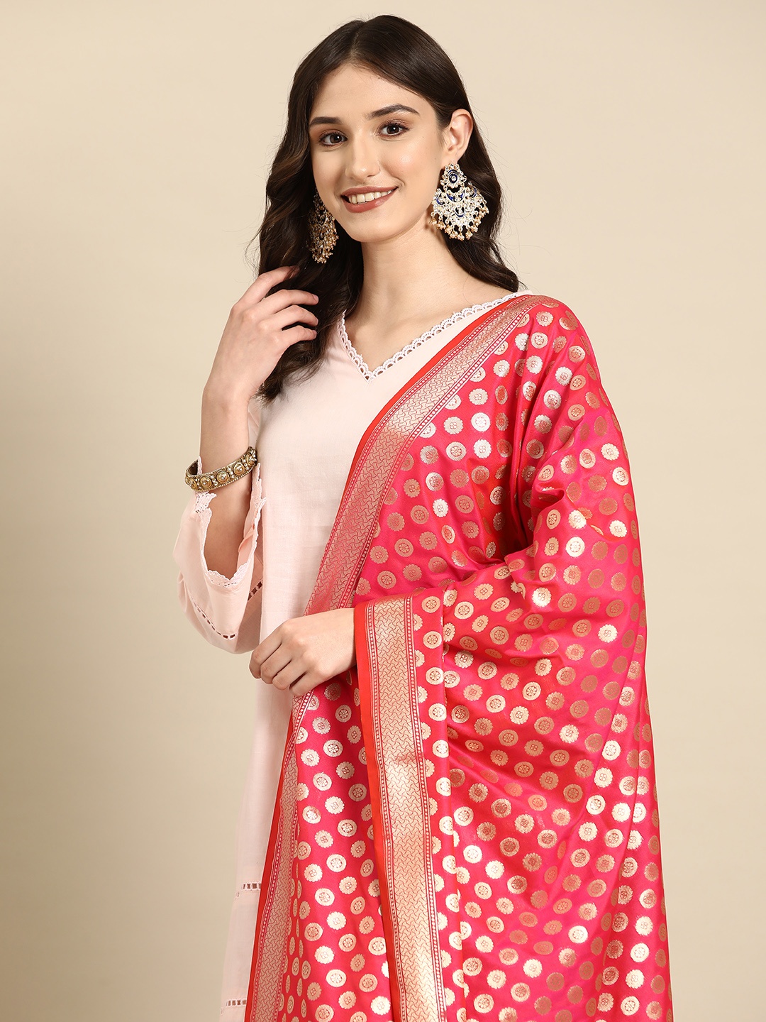 

Banarasi Style Woven Design Art Silk Dupatta with Zari, Pink