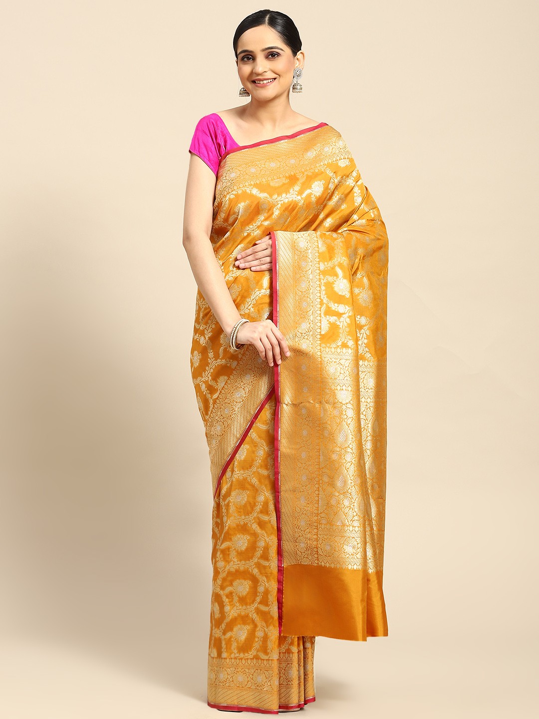 

Banarasi Style Floral Zari Art Silk Banarasi Saree, Mustard