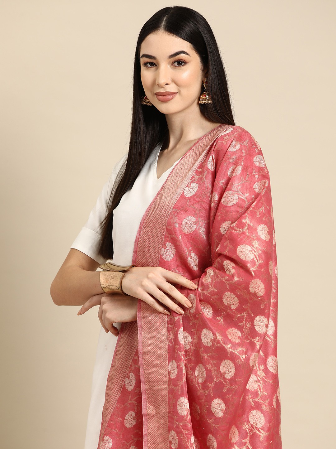 

Banarasi Style Woven Design Cotton Silk Dupatta with Zari, Pink