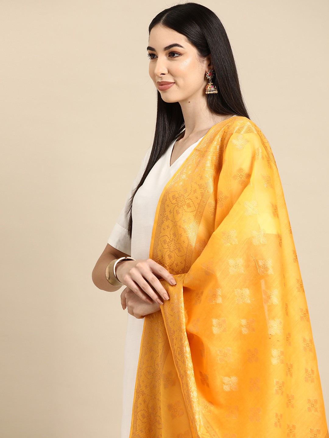 

Banarasi Style Ethnic Motifs Woven Design Cotton Silk Dupatta with Zari, Yellow