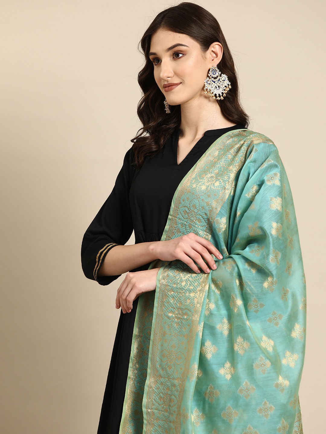

Banarasi Style Ethnic Motifs Woven Design Cotton Silk Dupatta with Zari, Blue