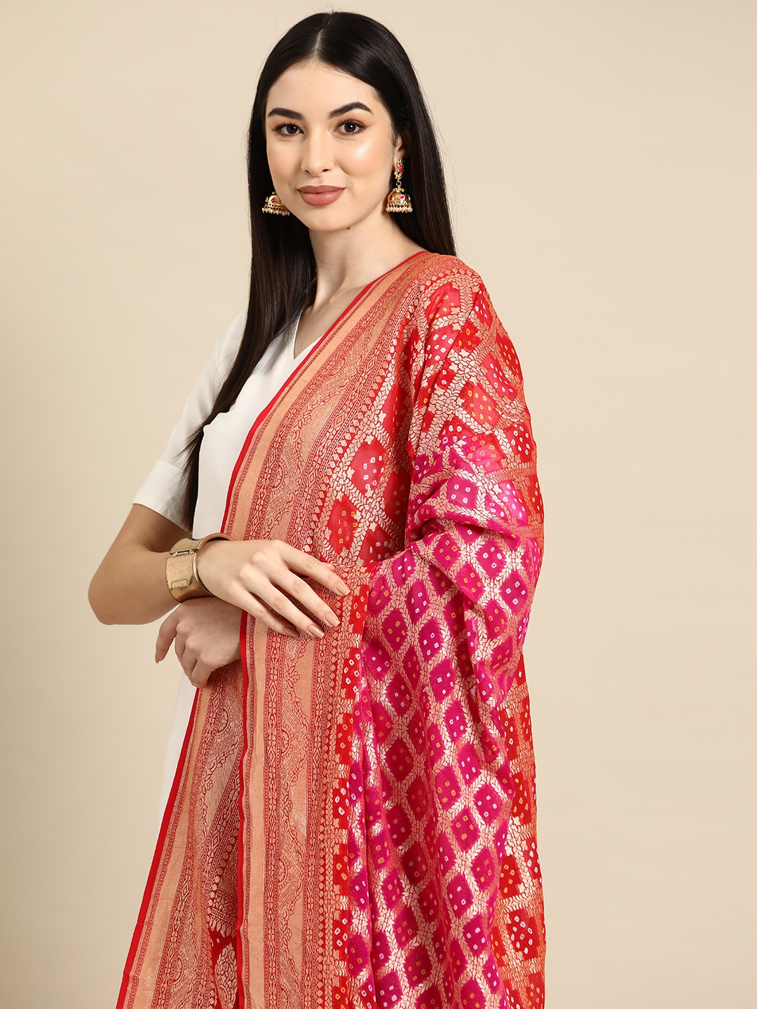 

Banarasi Style Ethnic Motifs Woven Design Pure Silk Dupatta with Zari, Pink
