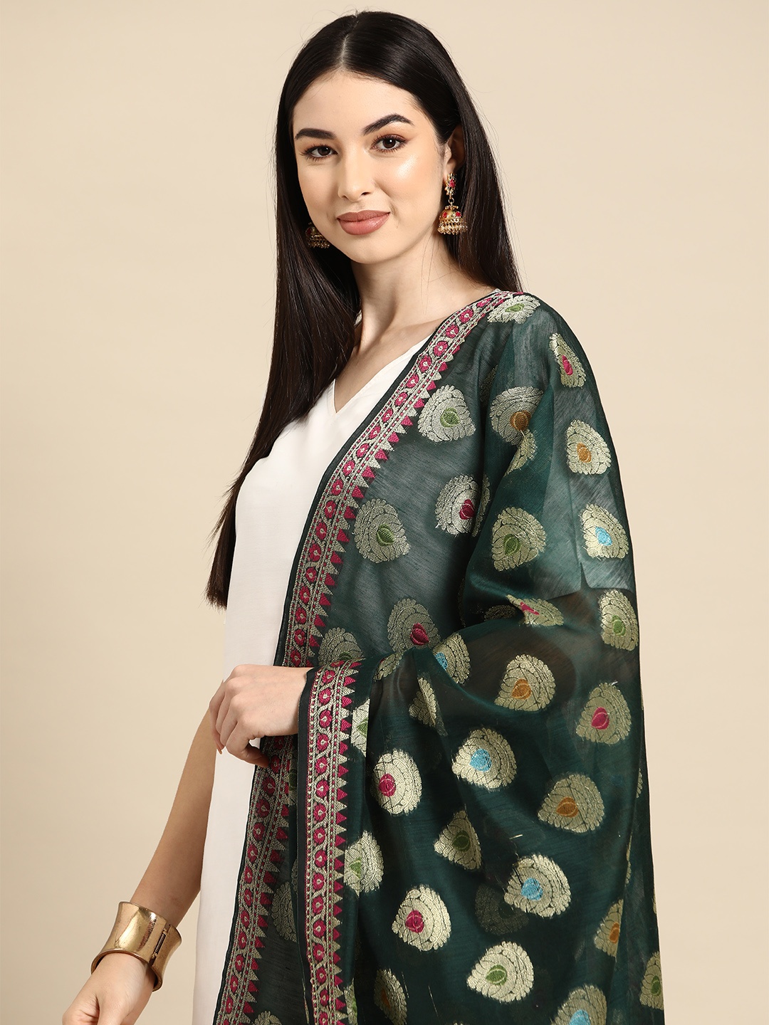 

Banarasi Style Ethnic Motifs Woven Design Cotton Silk Dupatta with Zari, Green