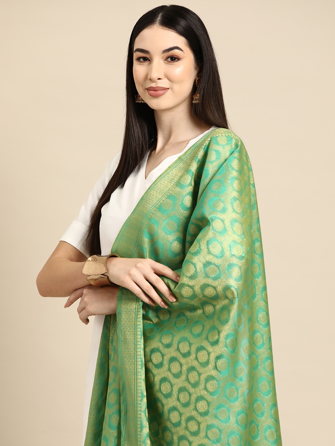 

Banarasi Style Ethnic Motifs Woven Design Cotton Silk Dupatta with Zari, Green