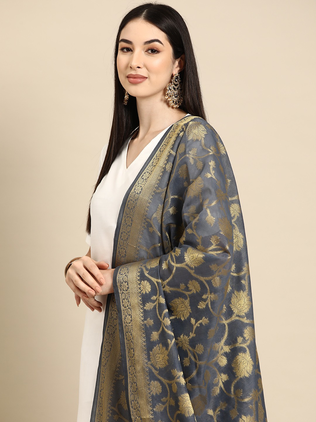

Banarasi Style Woven Design Cotton Silk Dupatta with Zari, Grey
