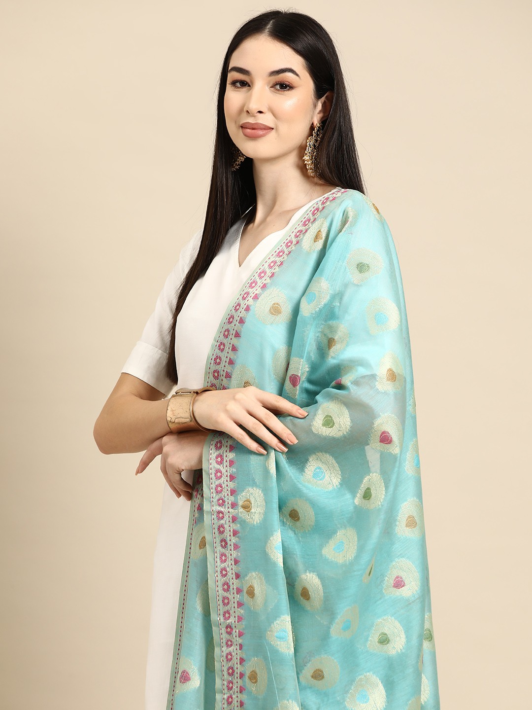 

Banarasi Style Ethnic Motifs Woven Design Cotton Silk Dupatta with Zari, Blue