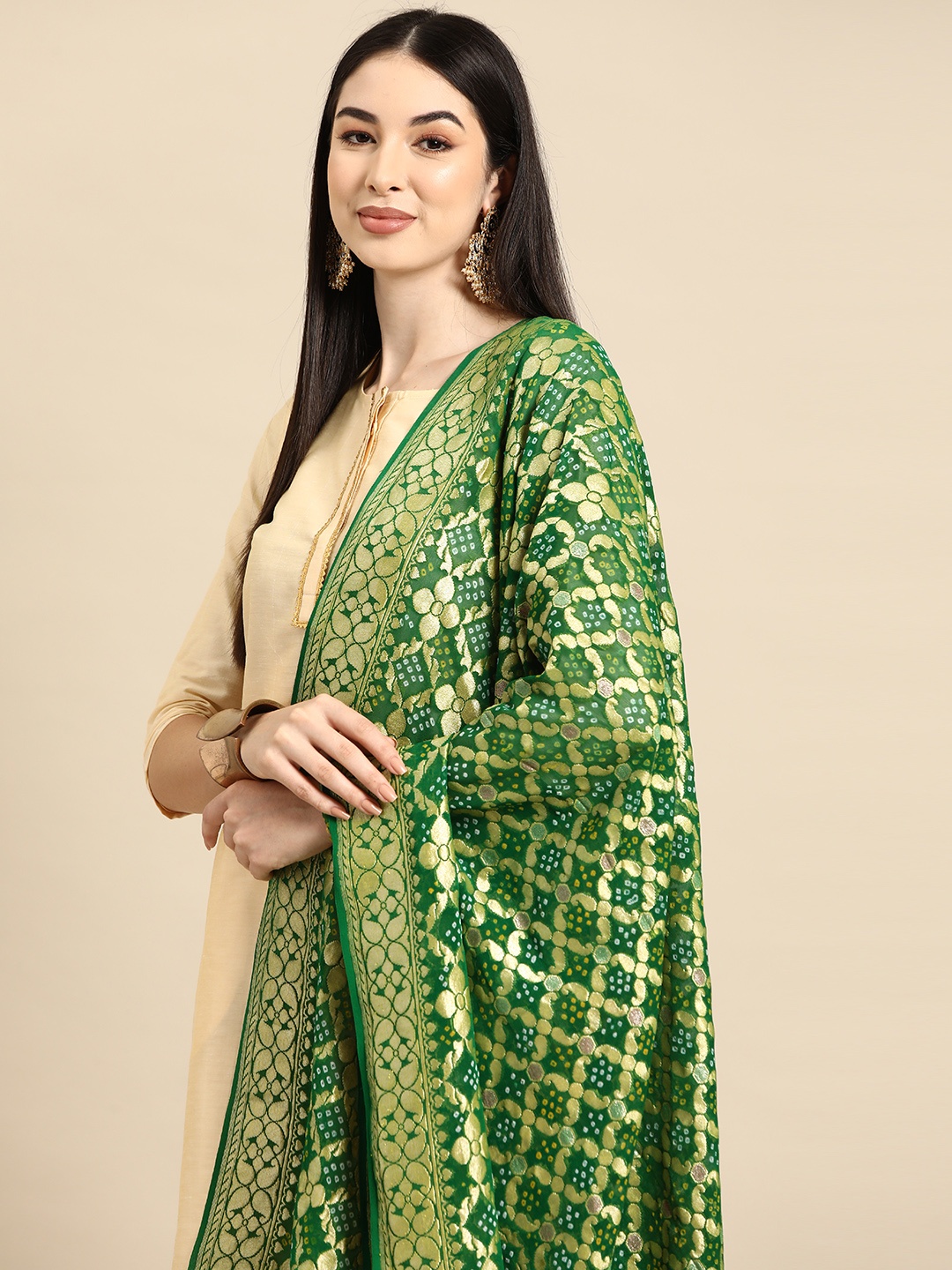 

Banarasi Style Ethnic Motifs Woven Design Pure Silk Bandhani Dupatta with Zari, Green