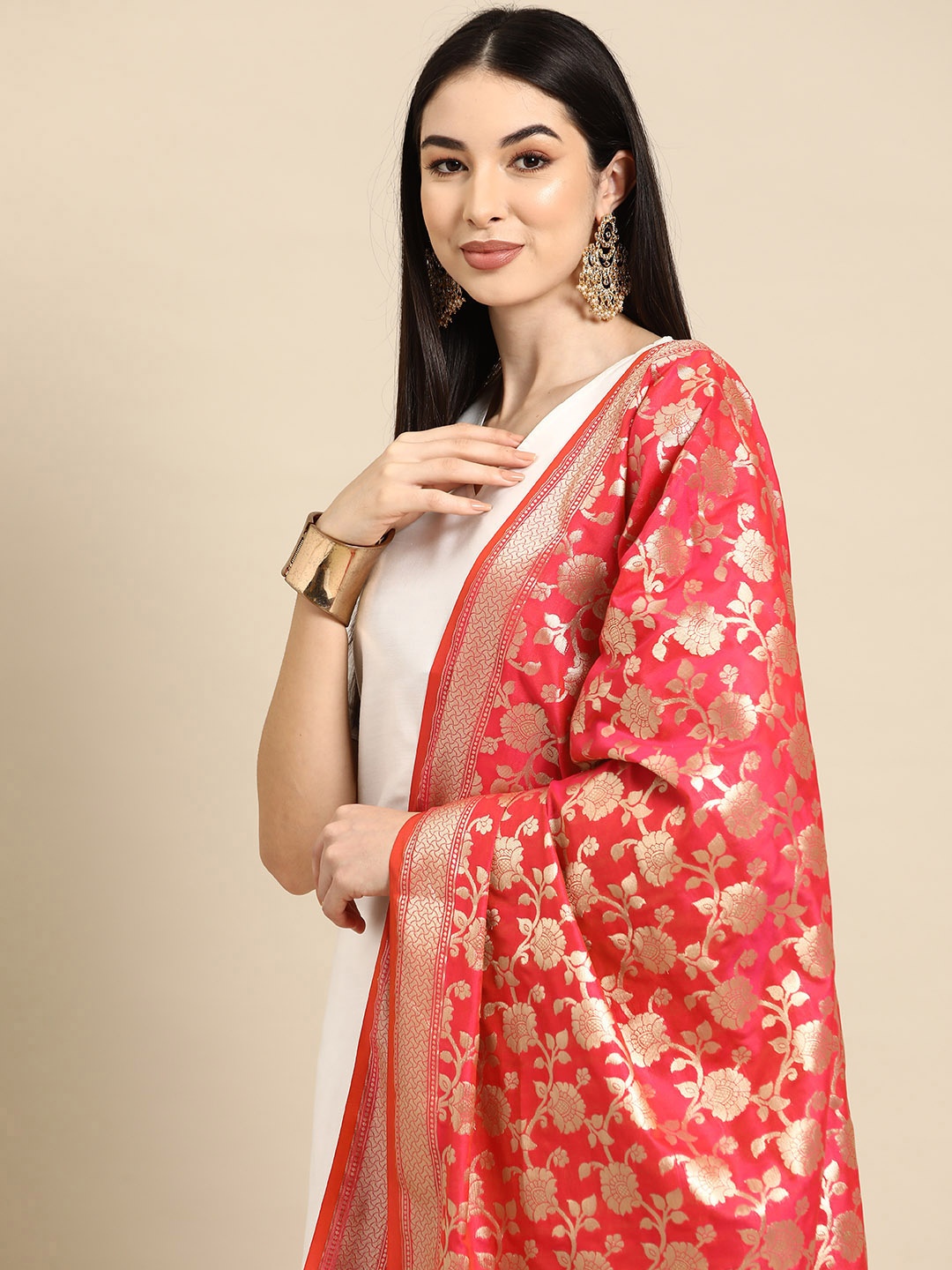 

Banarasi Style Woven Design Art Silk Dupatta with Zari, Pink