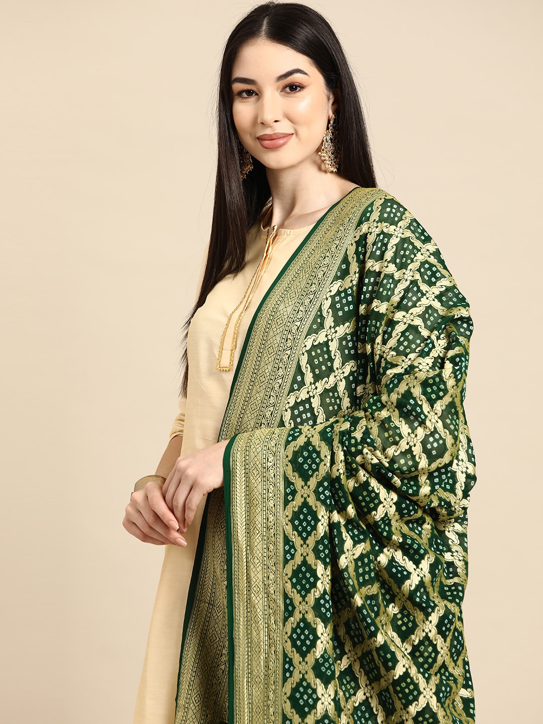 

Banarasi Style Ethnic Motifs Woven Design Pure Silk Bandhani Dupatta with Zari, Green