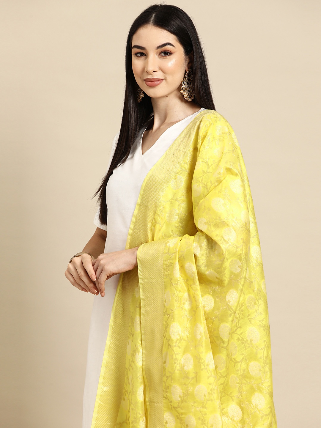 

Banarasi Style Woven Design Cotton Silk Dupatta with Zari, Yellow