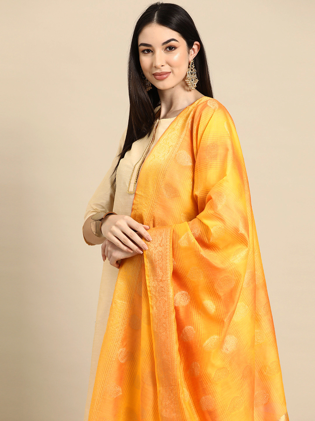 

Banarasi Style Ethnic Motifs Woven Design Cotton Silk Dupatta with Zari, Yellow