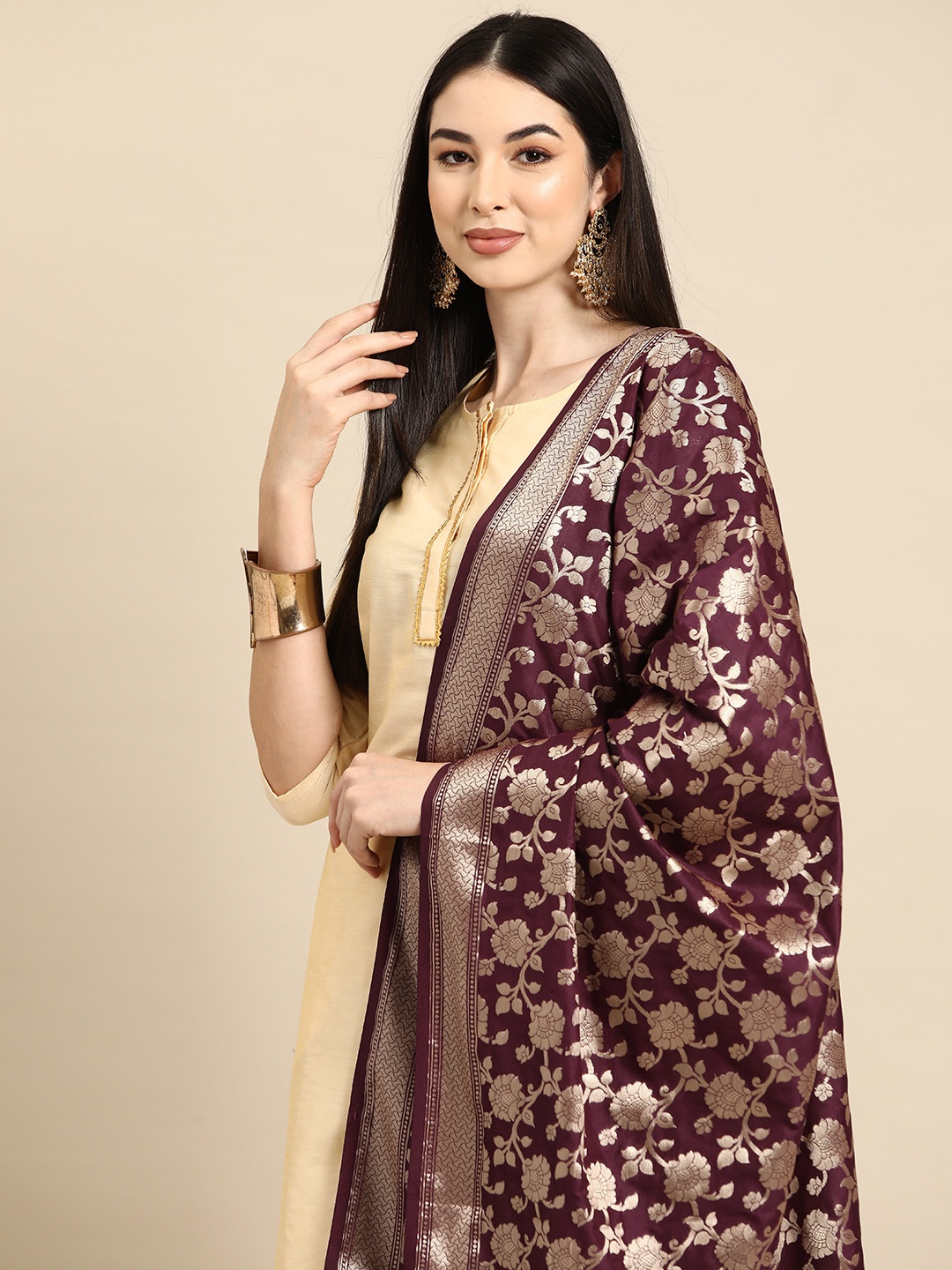 

Banarasi Style Woven Design Art Silk Dupatta with Zari, Burgundy