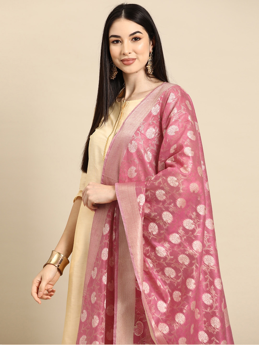 

Banarasi Style Woven Design Cotton Silk Dupatta with Zari, Pink