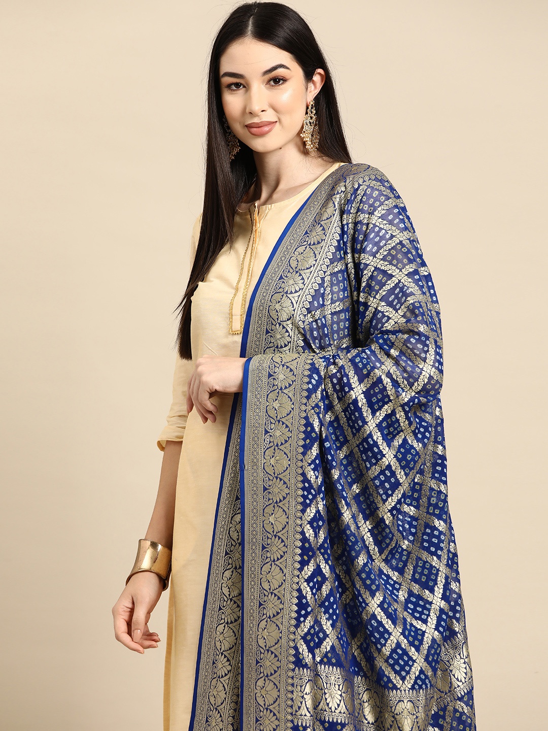 

Banarasi Style Ethnic Motifs Woven Design Pure Silk Bandhani Dupatta with Zari, Blue