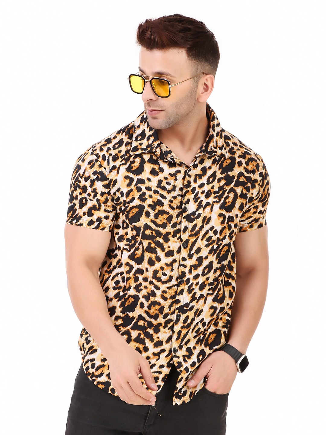 

PLUS 91 Standard Fit Animal Printed Cotton Casual Shirt, Brown