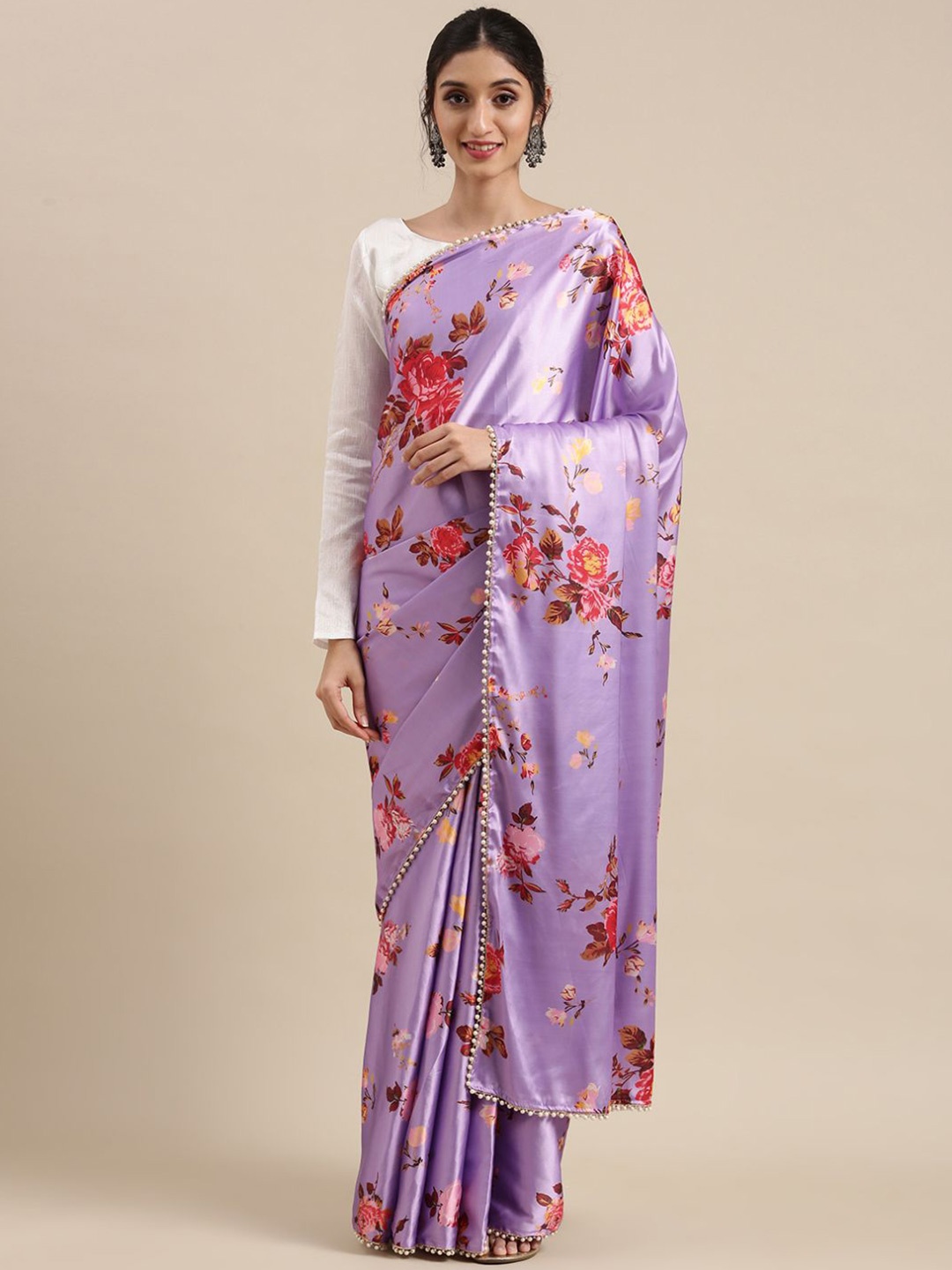 

DIVASTRI Floral Beads and Stones Satin Saree, Purple