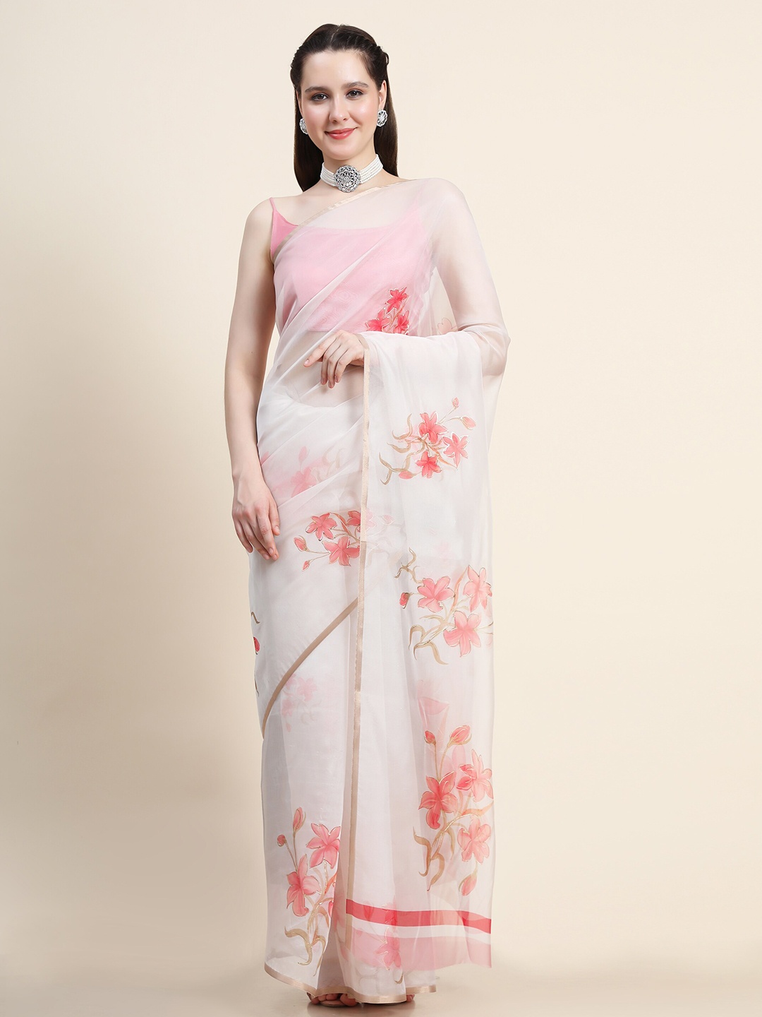 

DIVASTRI Floral Zari Organza Saree, Pink