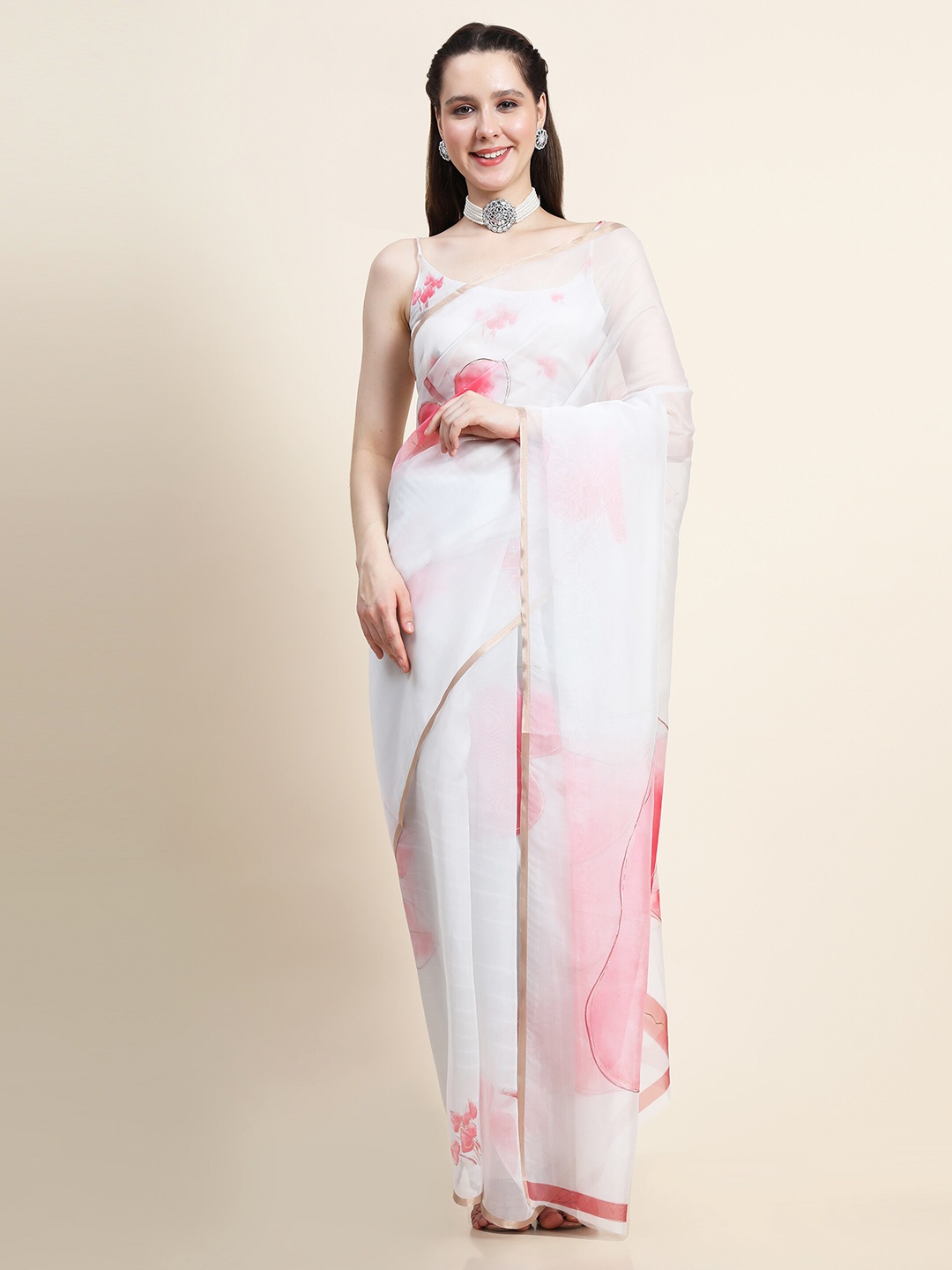 

DIVASTRI Floral Zari Organza Saree, Pink