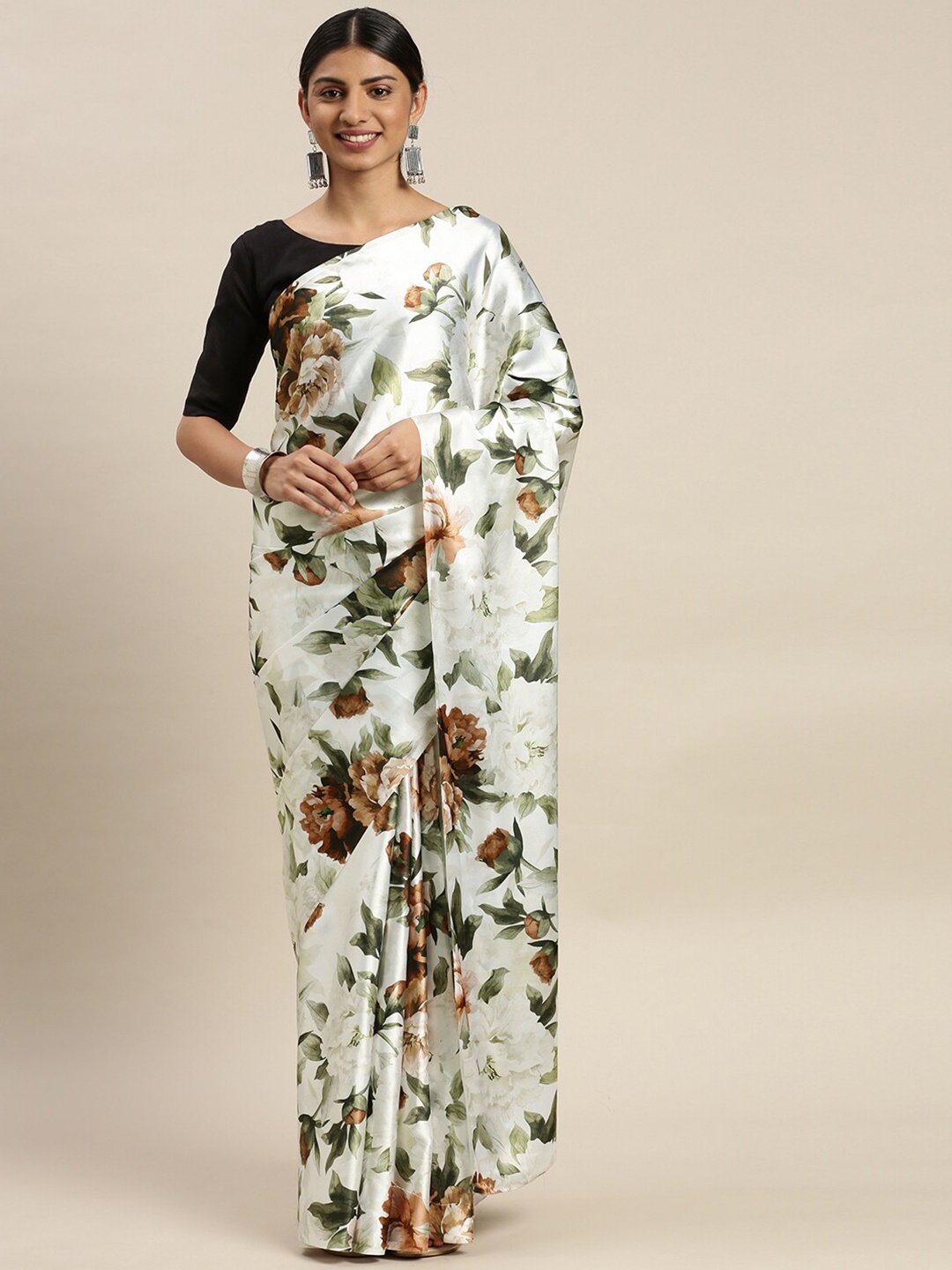 

DIVASTRI Floral Printed Satin Saree, Black