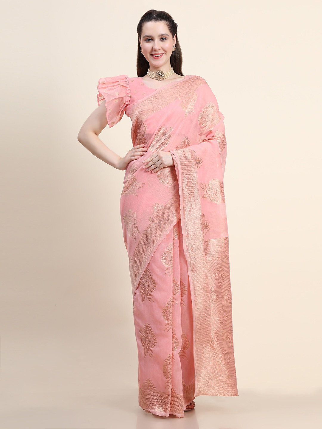 

DIVASTRI Floral Woven Design Zari Silk Cotton Saree, Pink