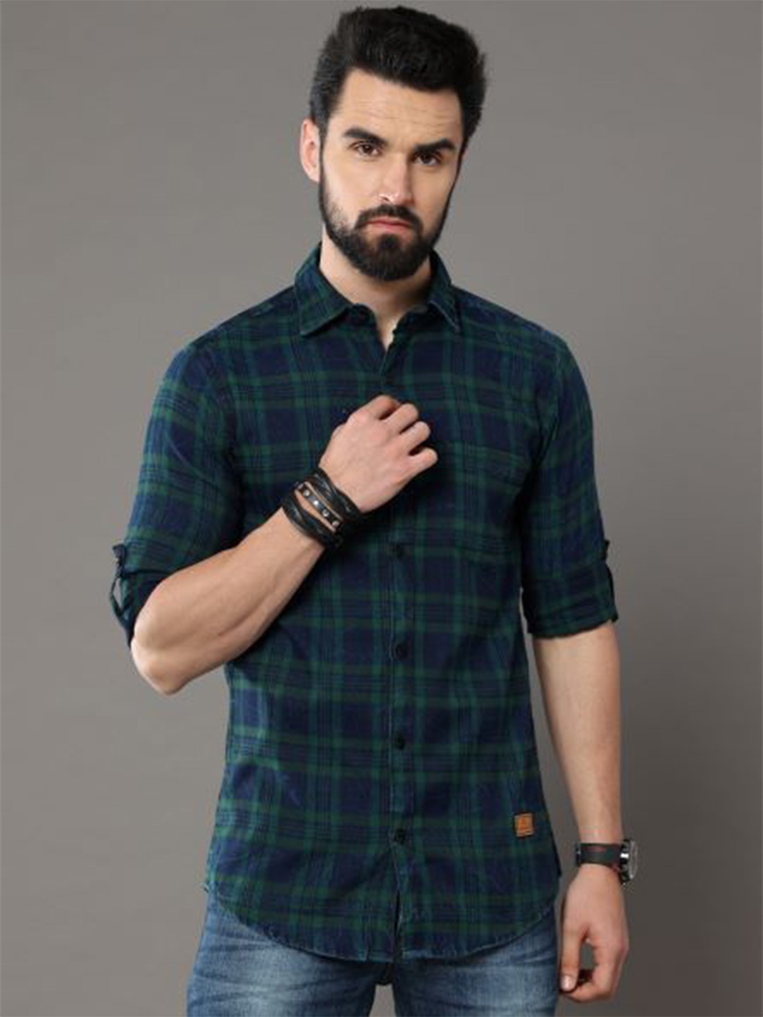 

Tallwalker Tartan Checked Straight Slim Fit Twill Cotton Casual Shirt, Green