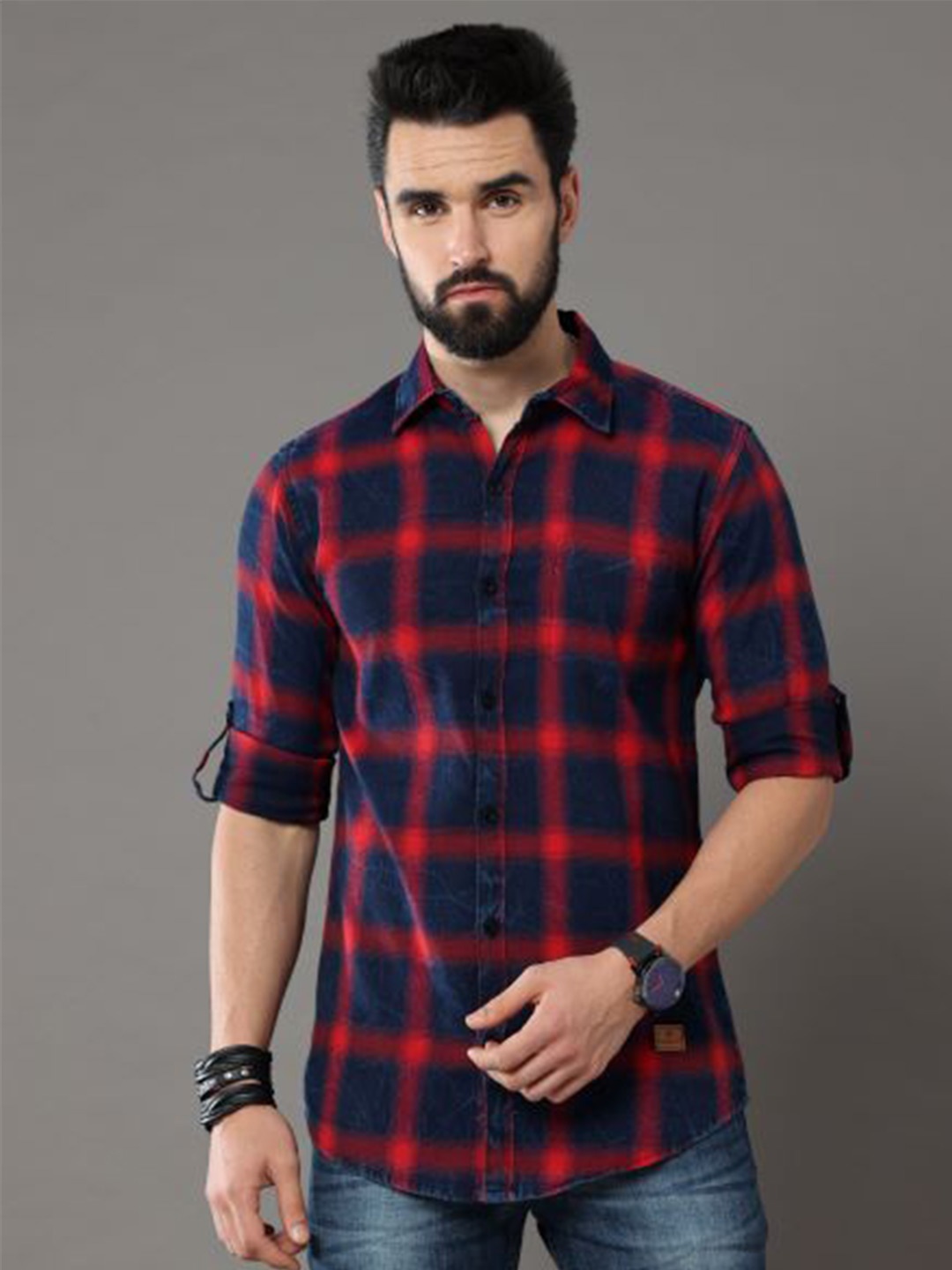 

Tallwalker Tartan Checked Straight Slim Fit Twill Cotton Casual Shirt, Red